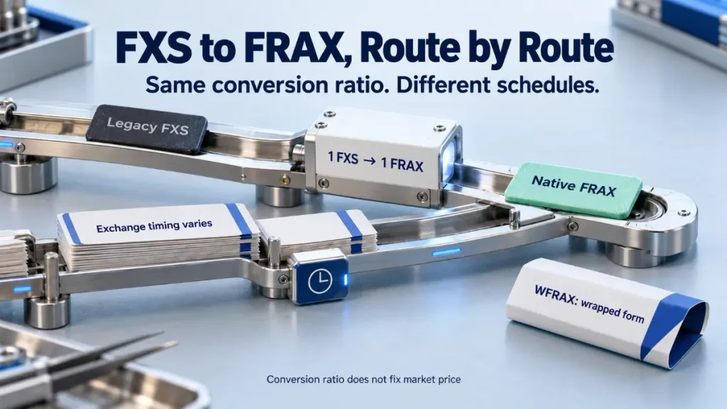 FXS migration rails showing native FRAX conversion, separate exchange timing and the WFRAX wrapped form