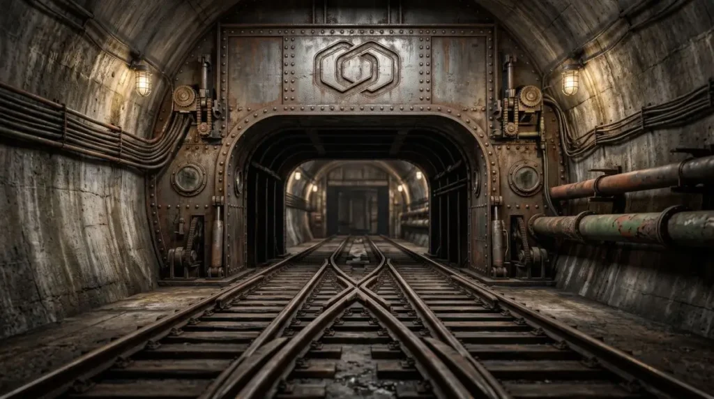 Iron railway tracks merging into a single conduit representing the dual-chain zkEVM consolidation and temporary migration friction.