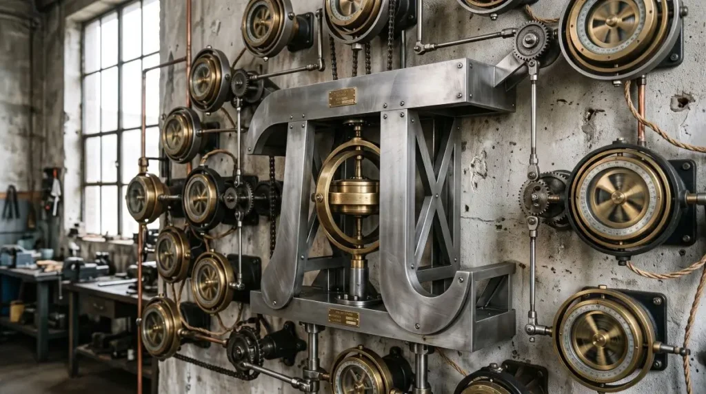 Complex matrix of interlocking mechanical gyroscopes and steel gears illustrating the Federated Byzantine Agreement replacing traditional proof-of-work consensus.