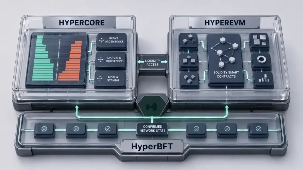 Twin transparent HyperCore and HyperEVM modules showing native order books, margin, liquidations, Solidity contracts, liquidity access and shared HyperBFT consensus.