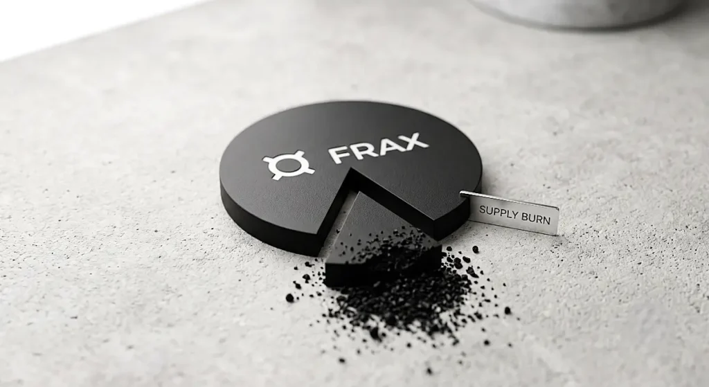 Circular black resin disc with Frax logo showing a removed slice crumbling into fine particles next to a metal supply burn tag.
