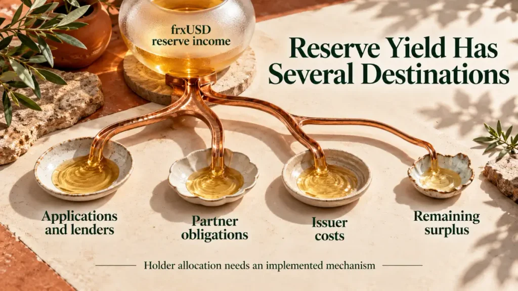 Frax reserve-income illustration distributing funds among applications, partner obligations, issuer costs and remaining surplus