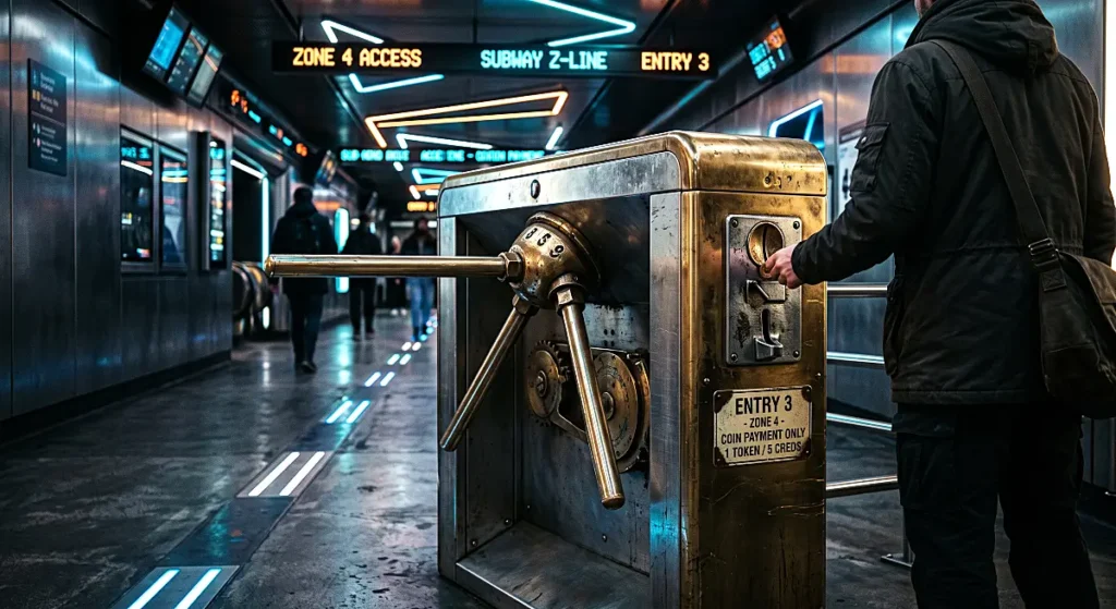 Heavy mechanical toll gate illustrating mandatory donation fees needed to claim LayerZero ZRO Token airdrops.