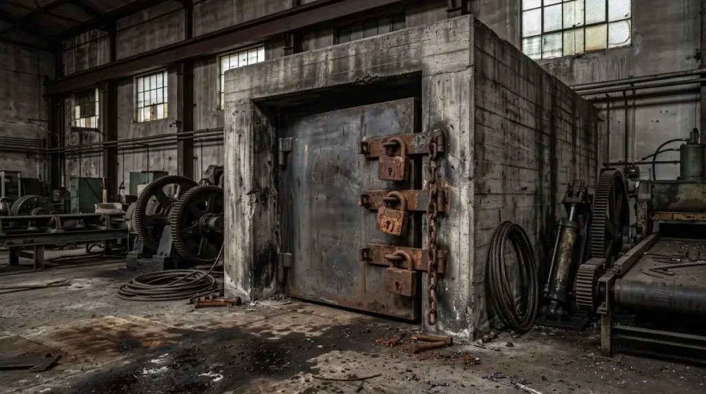 Brutalist concrete vault with heavy padlocks illustrating the centralized multi-sig security risks in decentralized networks.