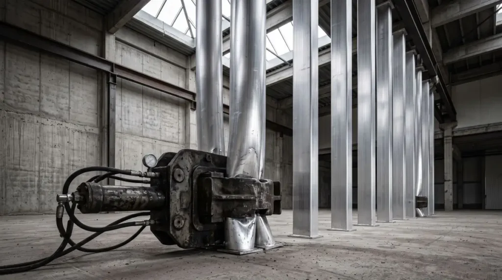 Tall structural aluminum pillars restricted at the base by a heavy industrial hydraulic clamp, signifying centralized proprietary codebases operating behind closed environments.