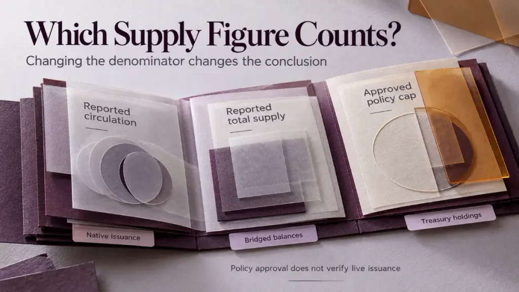 Frax Review supply folio distinguishing reported circulation, total supply and the approved policy cap