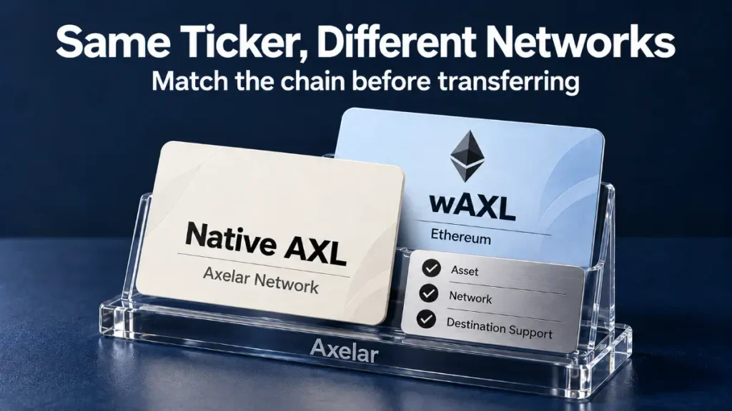 Axelar Token Review showing native AXL and Ethereum wAXL cards beside an asset and network checklist