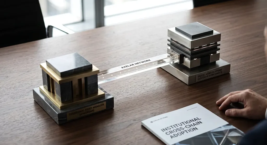 Miniature models representing legacy banks and digital platforms connected via a physical data conduit on a desk.