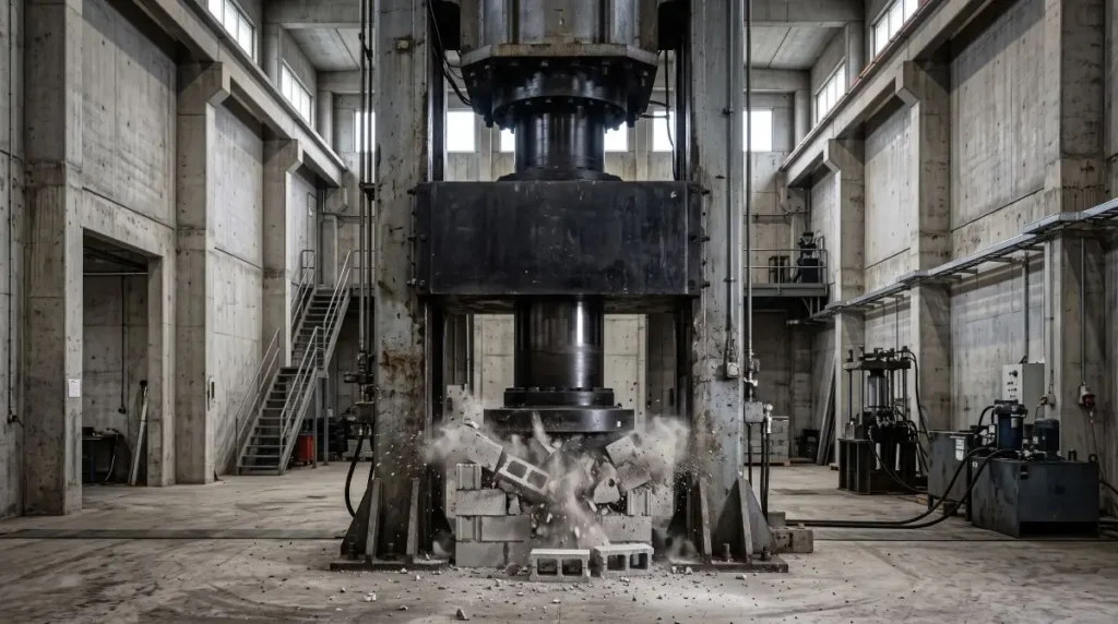 Massive industrial hydraulic press crushing structural masonry, visualizing severe insider whale concentration and supply overhang documented in this World WLD Review.