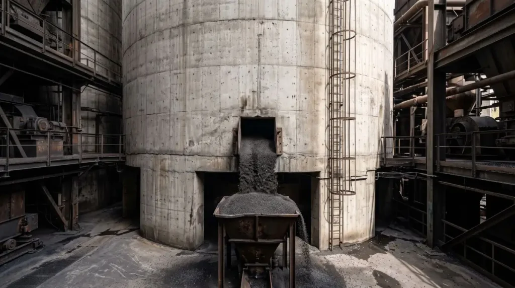Heavy metallic sand draining from a concrete silo visualizing the whale supply concentration and market pressure highlighted in this Immutable IMX Review.