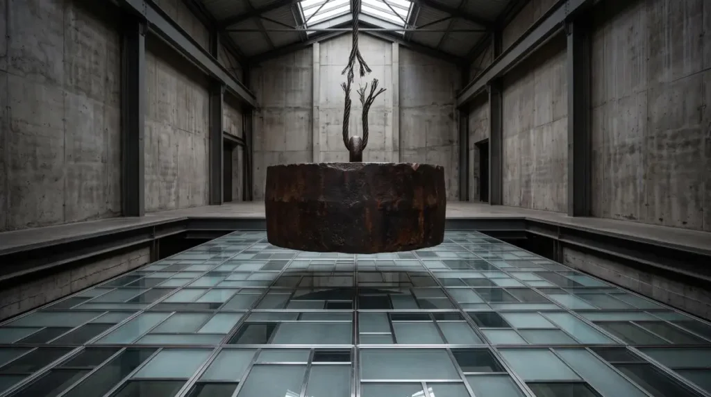 Gigantic iron weight suspended by snapping steel cables over a fragile glass floor depicting the catastrophic liquidity threat analyzed in this Pi Network Review.