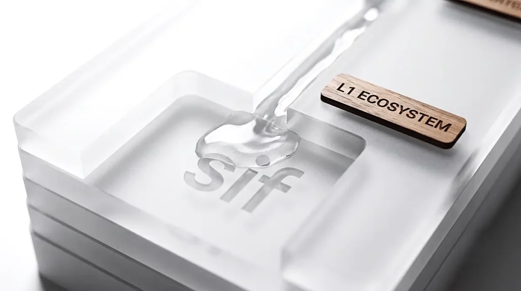 Stacked frosted matte acrylic layers with clear fluid channeling through an etched pathway alongside a wooden ecosystem tag.