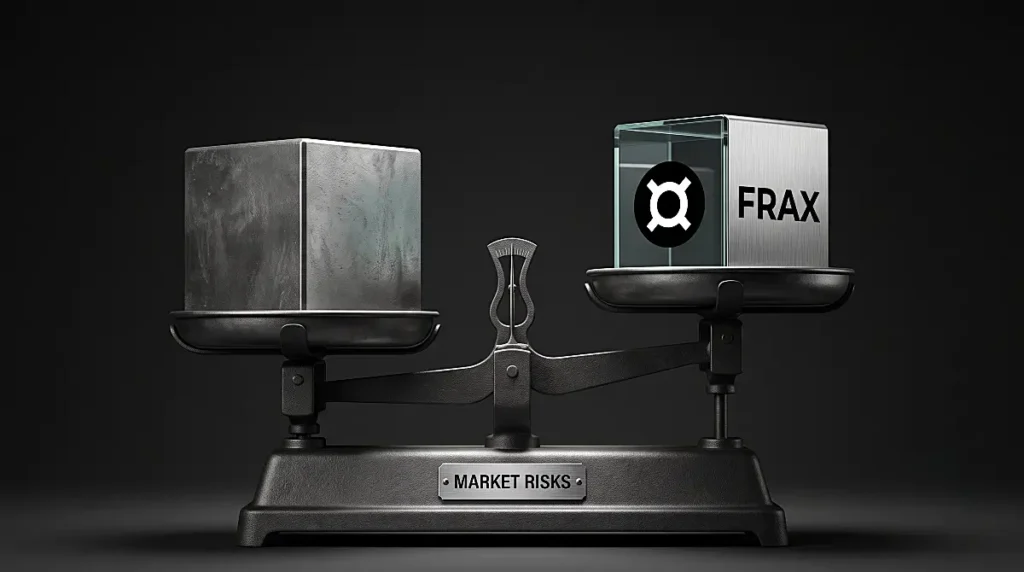 Vintage mechanical balance scale weighing a heavy solid steel block against a technical composite cube featuring the Frax logo.