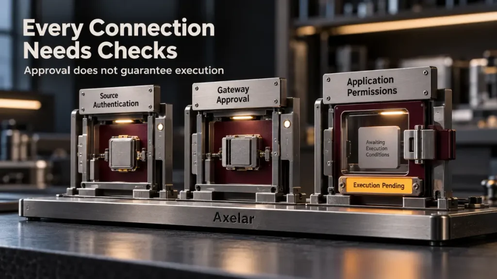 Axelar security checkpoints showing separate authentication, approval and permission checks with execution pending