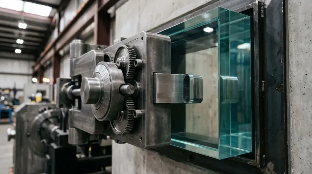 Heavy brushed tungsten vault tumblers locking securely into thick inspection glass, representing the rigorous KYC filtration and mainnet migration verification required in this Pi Network Review.