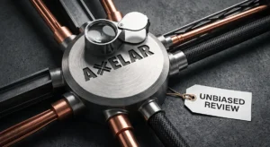 Close-up of a magnifying glass resting on a central metal hub, representing an unbiased Axelar token review.