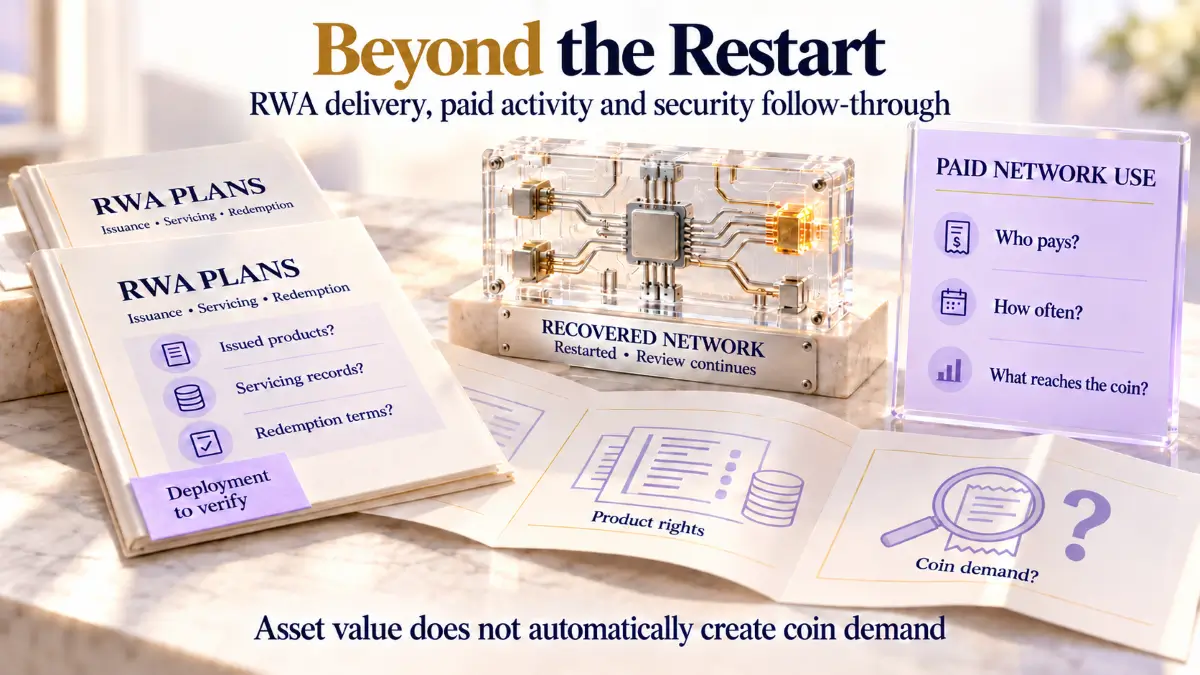 MANTRA Review illustration showing RWA plans, a recovered network and questions about paid activity