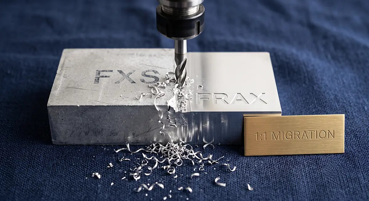 Industrial milling cutter carving aluminum block transitioning from FXS to a polished FRAX surface, visually representing the Frax Crypto Token 1:1 migration process.