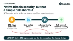 Babylon Review graphic showing native Bitcoin moving through a time lock and chosen finality provider toward PoS security, while exit timing and slashing rules remain visible.