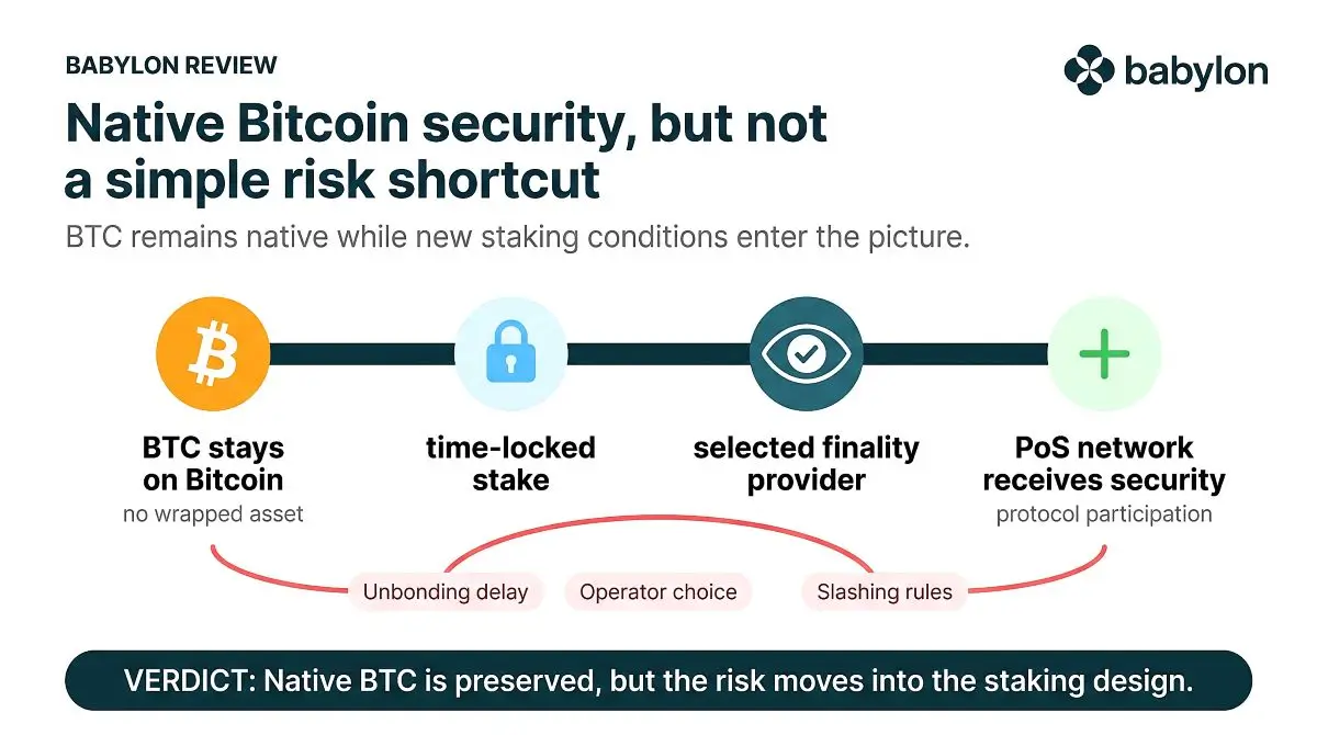 Babylon Review graphic showing native Bitcoin moving through a time lock and chosen finality provider toward PoS security, while exit timing and slashing rules remain visible.
