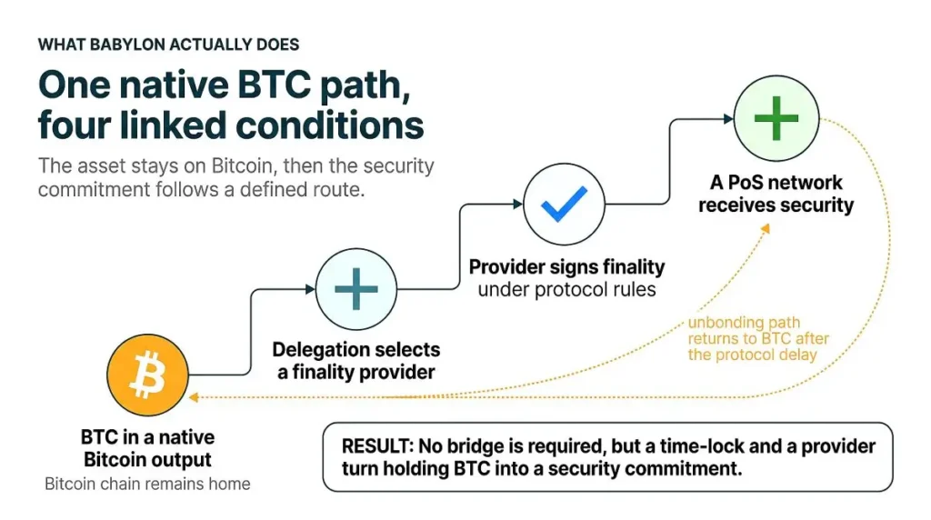Orange Bitcoin path moves from self-custody through a time lock and chosen finality provider before helping secure a PoS network.