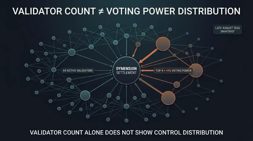 Dymension validator snapshot showing 69 active validators and top four controlling about 49 percent voting power.