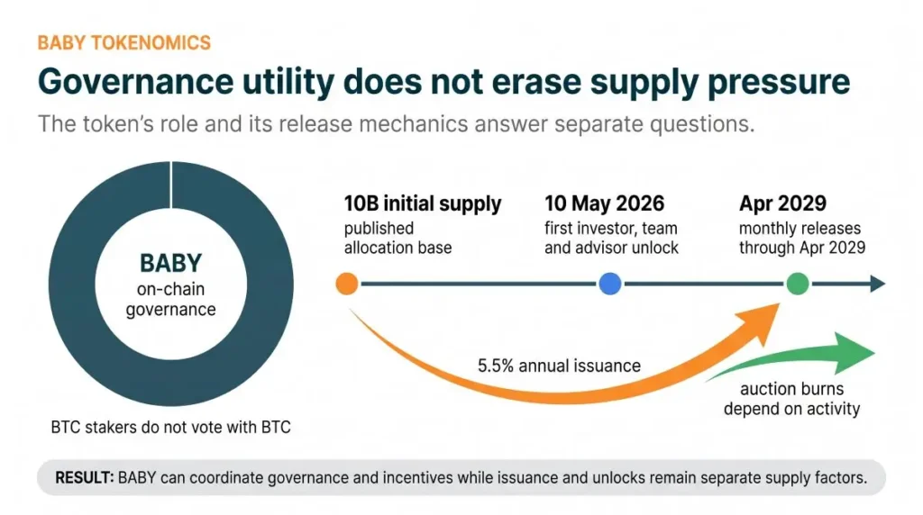 BABY governance ring and token-release timeline show annual issuance, scheduled unlocks and reward-auction burns that depend on real activity.