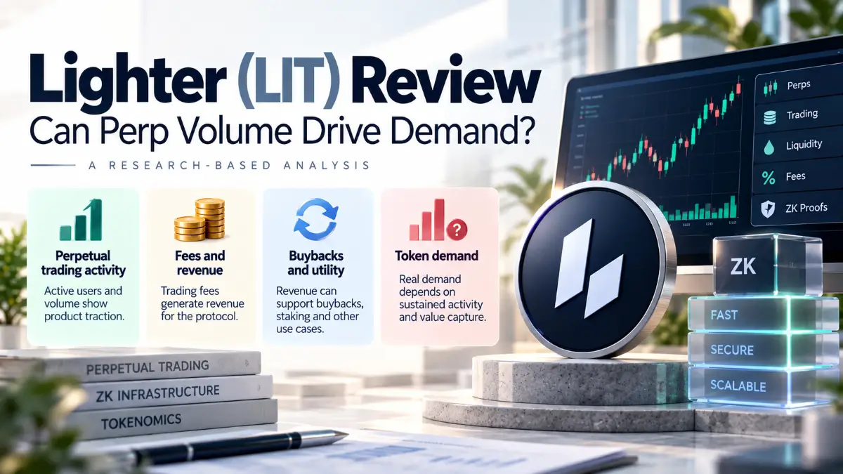Lighter (LIT) Review visual with trading screens, fee cards, buyback labels, and ZK blocks