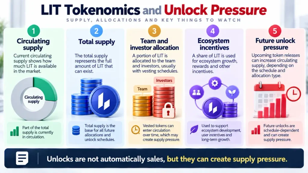 Five tokenomics cards outline supply, allocations, incentives, and future unlock pressure