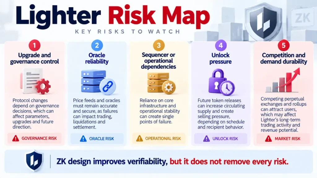 Five risk cards cover governance, oracles, operations, unlocks, and competition