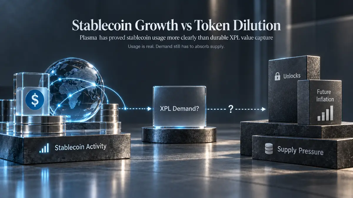 Plasma XPL review graphic comparing stablecoin activity, token demand, and supply pressure
