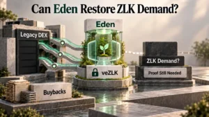 Zenlink Crypto Review visual shows Legacy DEX, Eden, veZLK, buybacks, uncertain demand