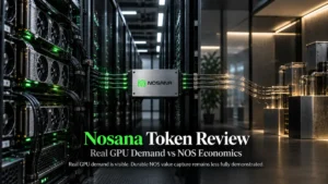 Nosana Review scene with GPU racks, routing hardware, and fading economic pathways