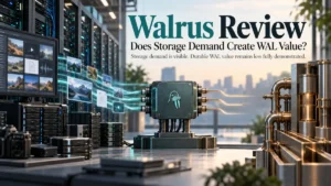 Walrus Review visual showing storage infrastructure linked to an uncertain WAL value pathway
