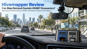 Hivemapper mapping camera operating on a city road with HONEY burn and contributor issuance concept