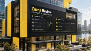 Zama Review featured image showing a black-and-yellow financial building with confidential DeFi activity, protocol fees, token burns and unresolved ZAMA demand