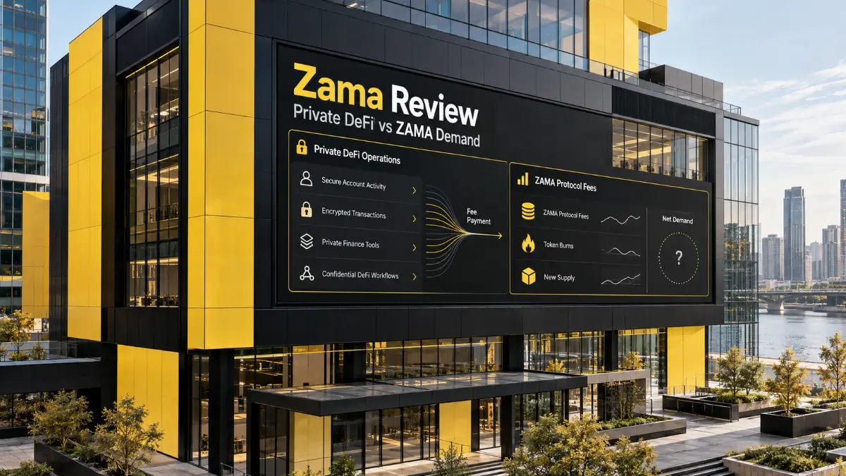 Zama Review featured image showing a black-and-yellow financial building with confidential DeFi activity, protocol fees, token burns and unresolved ZAMA demand