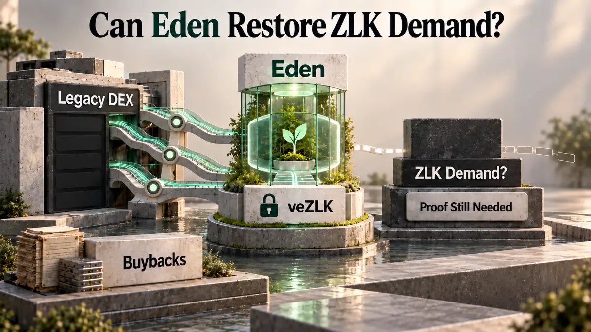 Zenlink Crypto Review visual shows Legacy DEX, Eden, veZLK, buybacks, uncertain demand