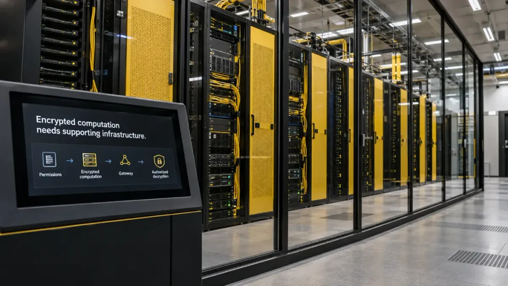 Black-and-yellow computing cabinets behind glass with a terminal showing access permissions, encrypted computation, Gateway coordination and authorized decryption