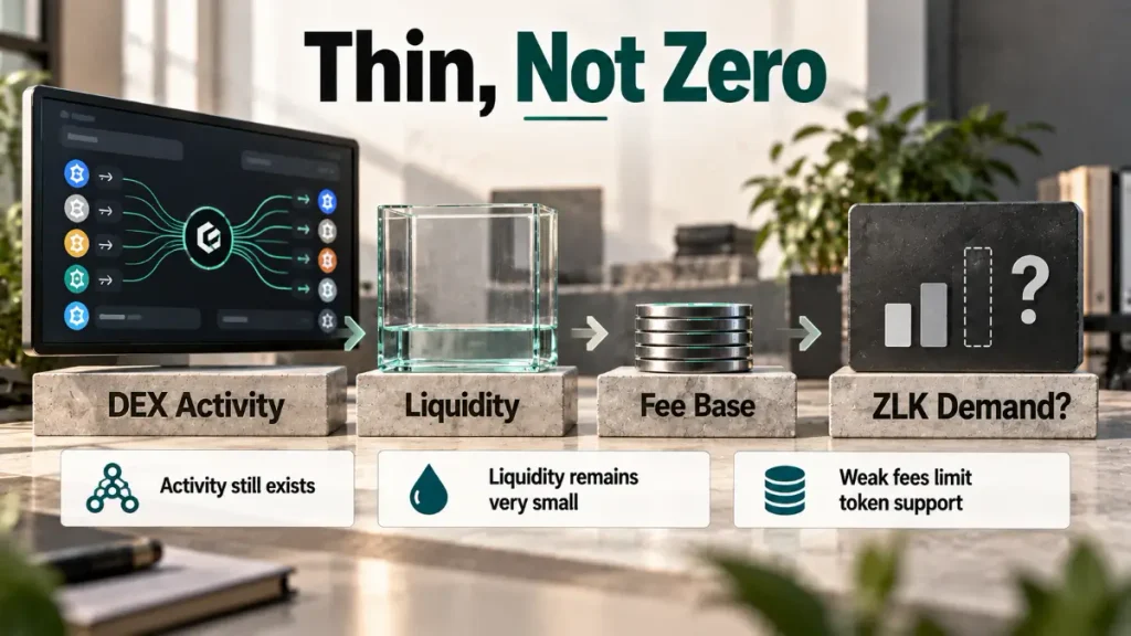 DEX activity flows through thin liquidity, weak fee base, uncertain ZLK demand