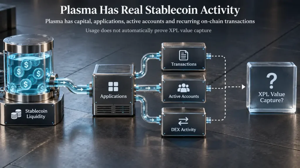 Liquidity flows through applications toward transactions, active accounts, and DEX activity