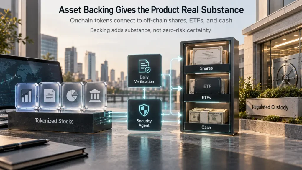 Tokenized stocks connect through daily verification to shares, ETFs, cash, and custody