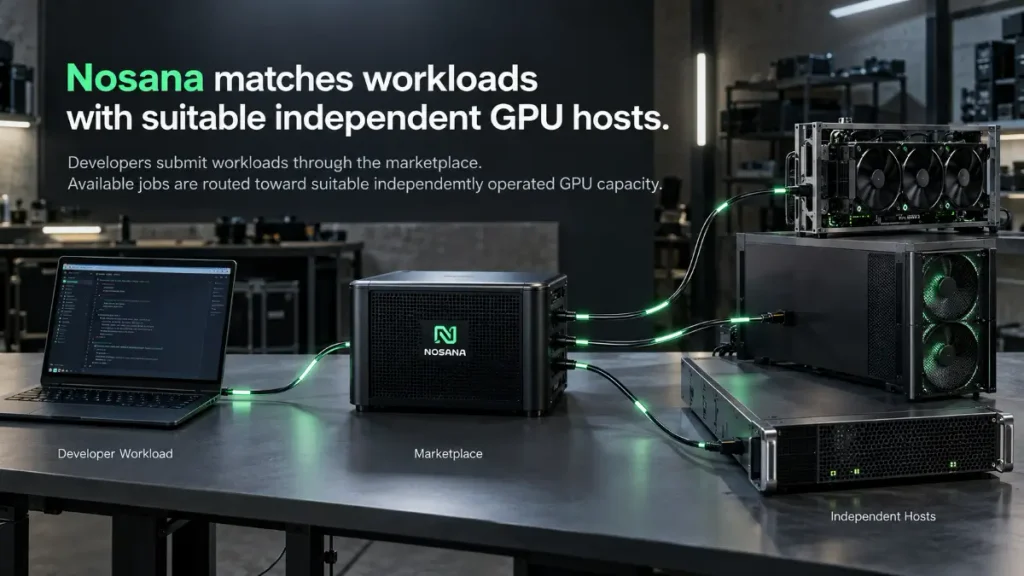 Developer laptop connects through Nosana marketplace hardware to several independent GPU hosts