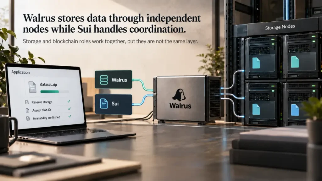 Application connects through Walrus and Sui coordination to independent storage nodes