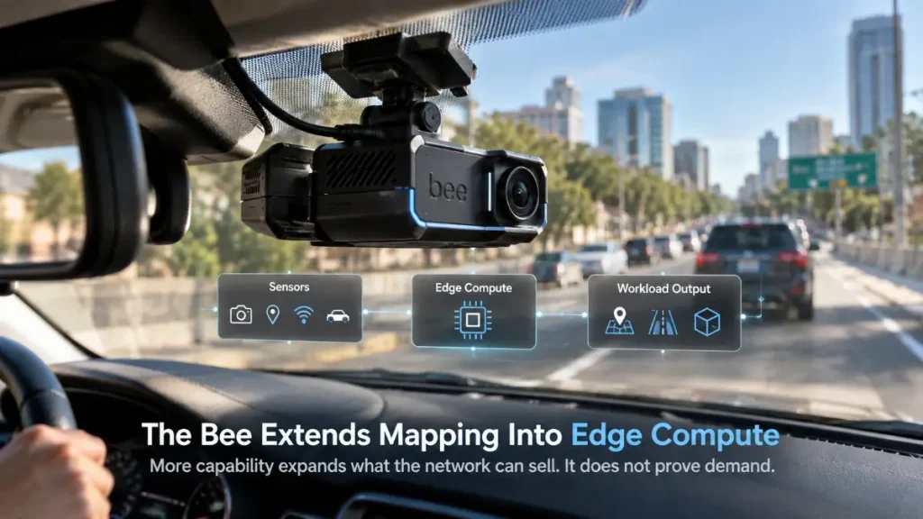 Hivemapper Bee camera showing sensors, edge compute, and workload output during road mapping