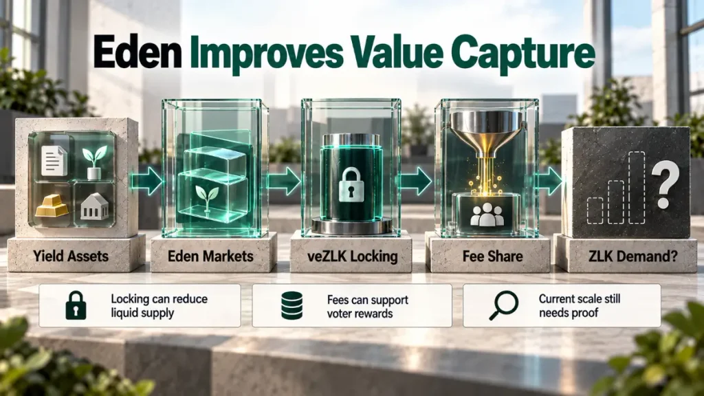 Yield assets move through Eden markets, veZLK locking, fee sharing, uncertain demand