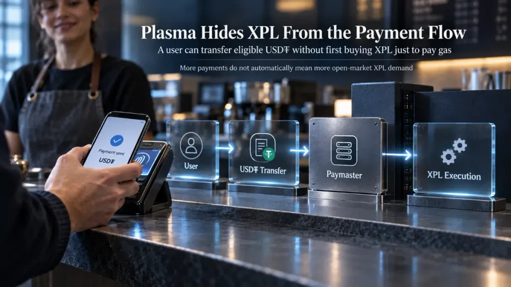 USD₮ payment flows from user through a paymaster while XPL covers execution