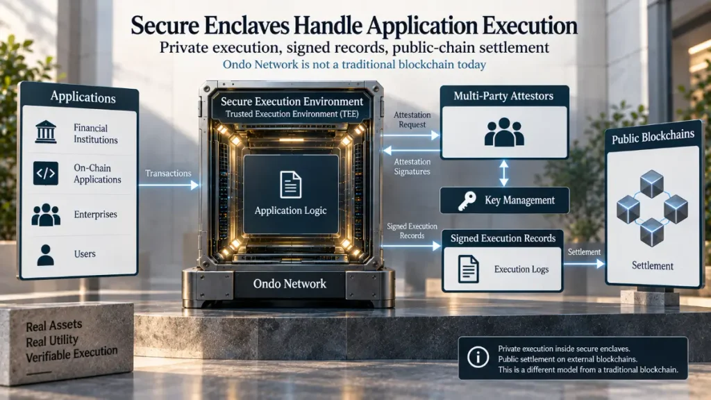 Applications enter secure execution, producing signed records for public blockchain settlement