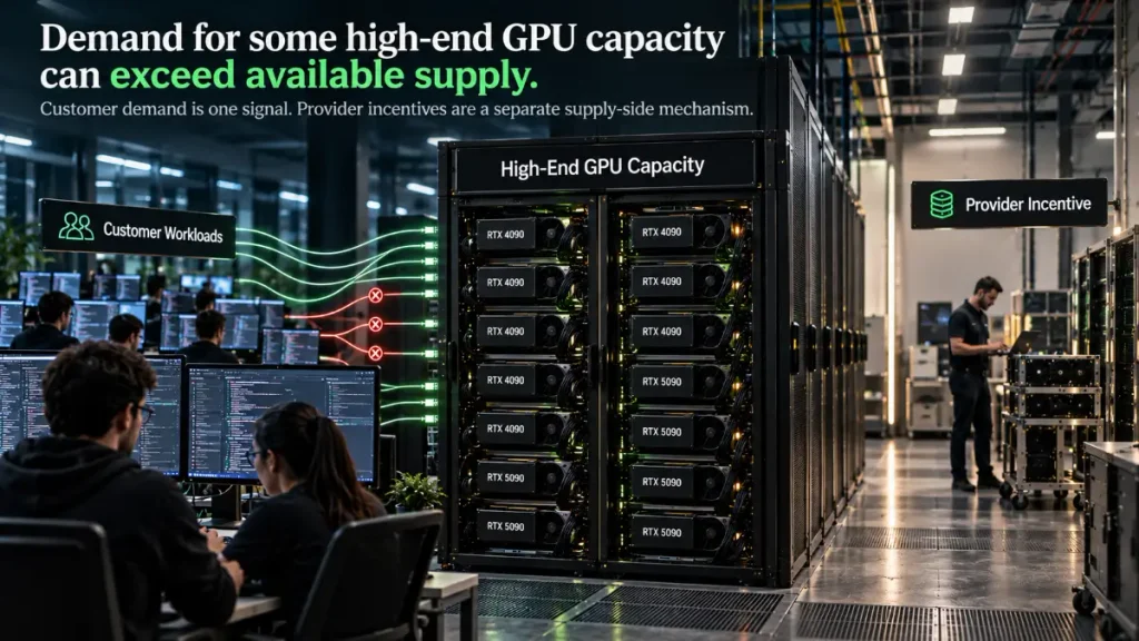 Customer workload lines converge on occupied RTX 4090 and RTX 5090 racks