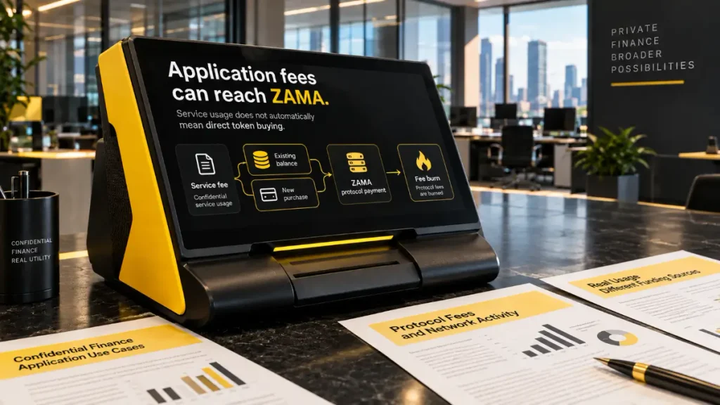 Black-and-yellow payment terminal showing an existing application balance or new token purchase funding a ZAMA protocol payment and subsequent fee burn